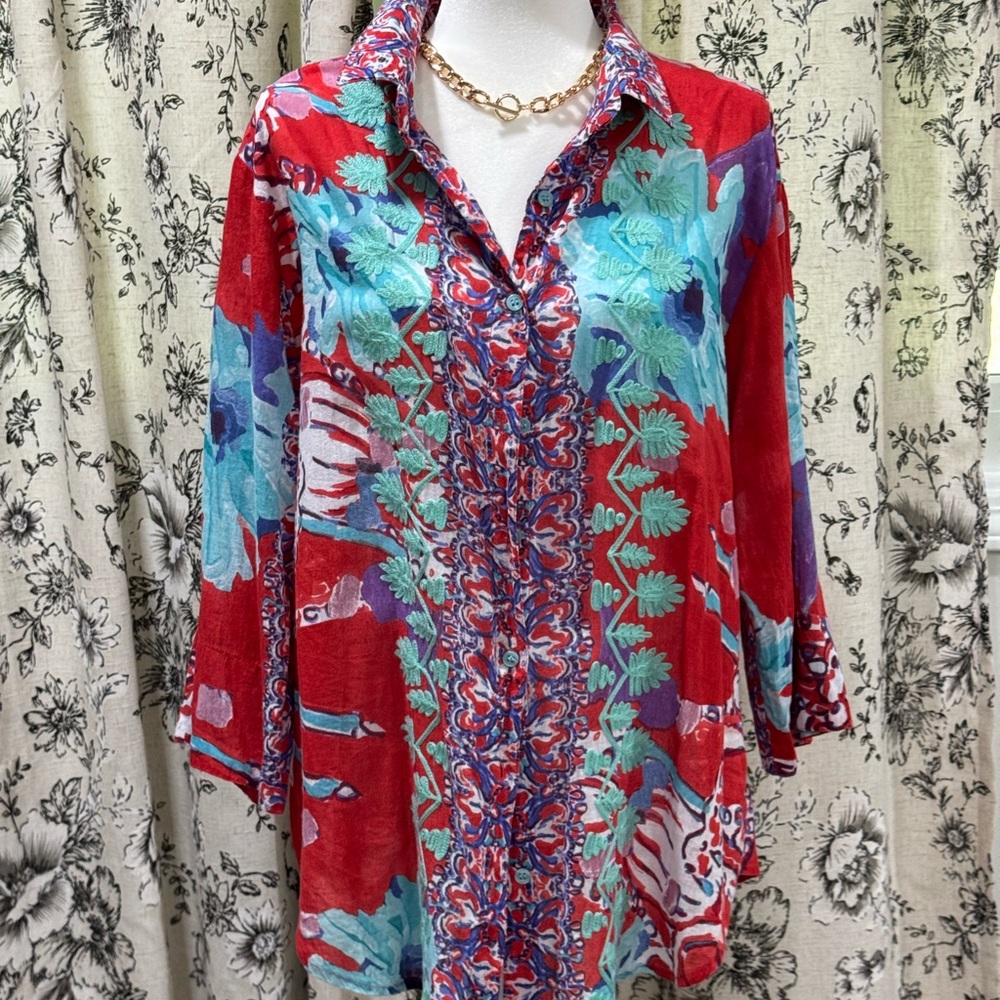 Santoni Vibrant Red and Teal Patterned Blouse